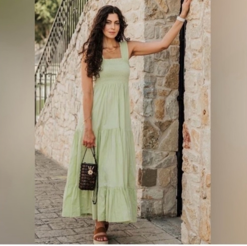ABERCROMBIE & FITCH Lime Green Smocked Maxi Dress with Pockets